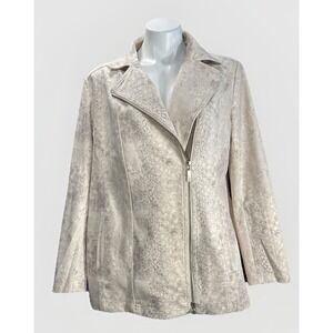 Chicos Jacket Womens Sz 12-14 Gray Faux Suede Moto Snake Print